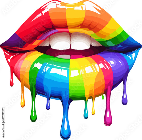 mage is a digital illustration featuring a stylized depiction of lips. The lips are designed with a glossy, vibrant rainbow color scheme, transitioning smoothly from red, orange, yellow, green, blue, 