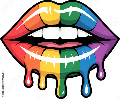 mage is a digital illustration featuring a stylized depiction of lips. The lips are designed with a glossy, vibrant rainbow color scheme, transitioning smoothly from red, orange, yellow, green, blue, 