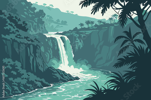  stunning waterfall in lush tropical jungle, dramatic ragged cliffs, turquoise pool, mist and spray, dense foliage, dramatic lighting, cinematic, highly detailed, octane render, 8k