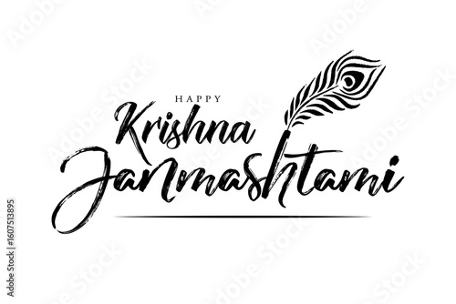 Happy krishna janmashtami greetings with peacock feather vector illustration.