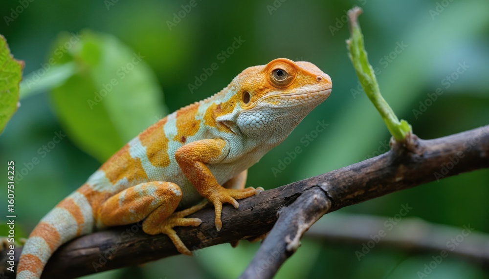 Naklejka premium Vibrant lizard on a tree branch in lush jungle habitat. Orange, white body colors. Lizard sits firmly on sturdy branch. Green foliage background adds depth, complexity.