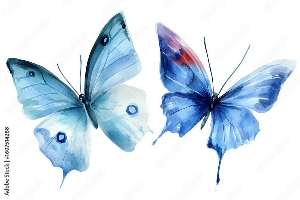 Fototapeta premium Two watercolor butterflies are presented against a white background