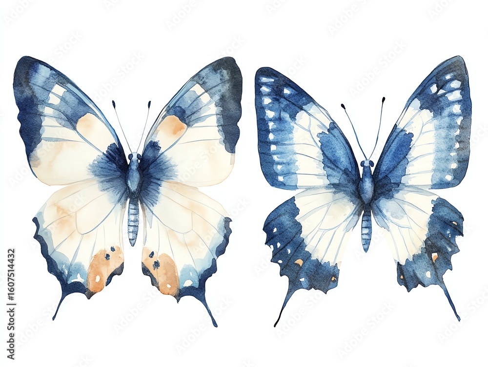 Obraz premium Two watercolor painted butterflies with blue and white markings on a white background