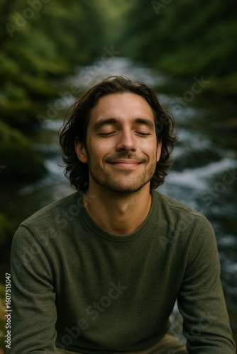 A happy, handsome man smiling peacefully with eyes closed in a serene natural setting