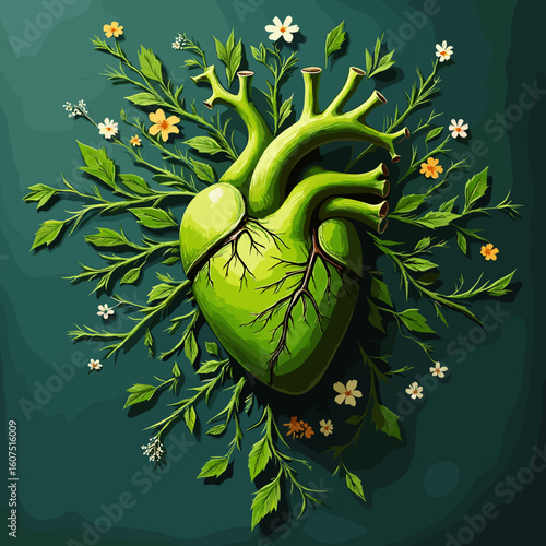 Surreal Green Heart with Lungs Interwoven with Plants – Symbolic Nature Connection Illustration