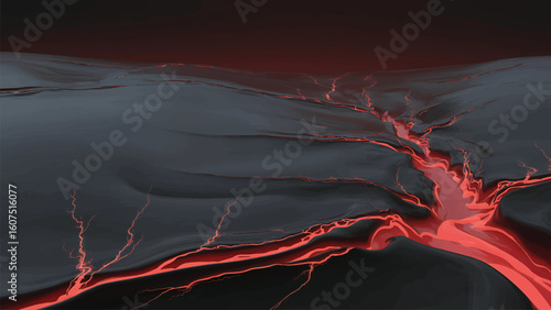Abstract illustration of a volcanic landscape with flowing lava and erupting fiery cracks