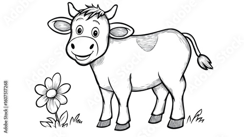 Whimsical Cow Drawing with Colorful Flower - Creative Coloring Image