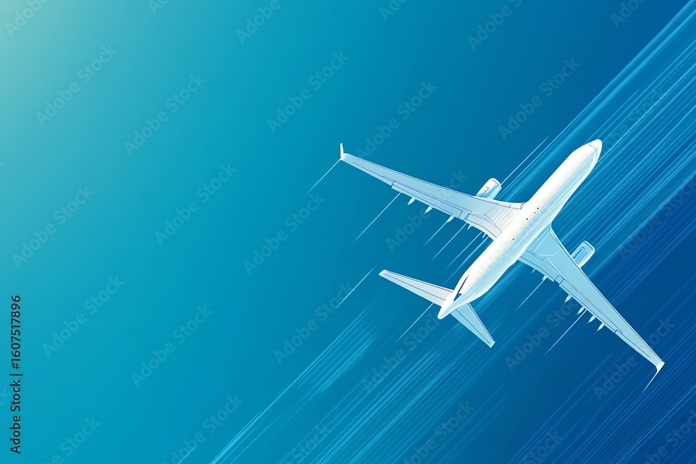 Fototapeta premium White silhouette of an airplane soaring against a blue gradient sky with speed lines