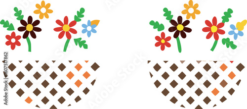 Two identical cartoon flower pots with brown and white checkered pattern flowers plant