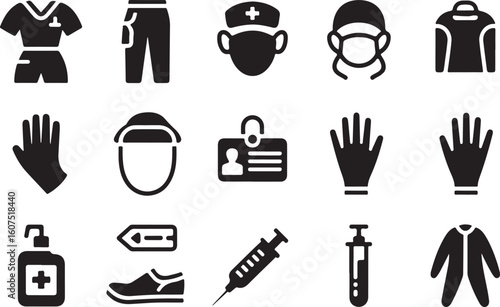 Black and White Medical Icons: Uniforms, Gloves, Masks, Syringe, Sanitizer, I D Badge