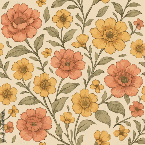 Seamless retro floral pattern with orange and yellow flowers and muted green leaves on a cream background. A warm, vintage-inspired design reminiscent of 70s wallpaper and textiles. Nostalgic and bold
