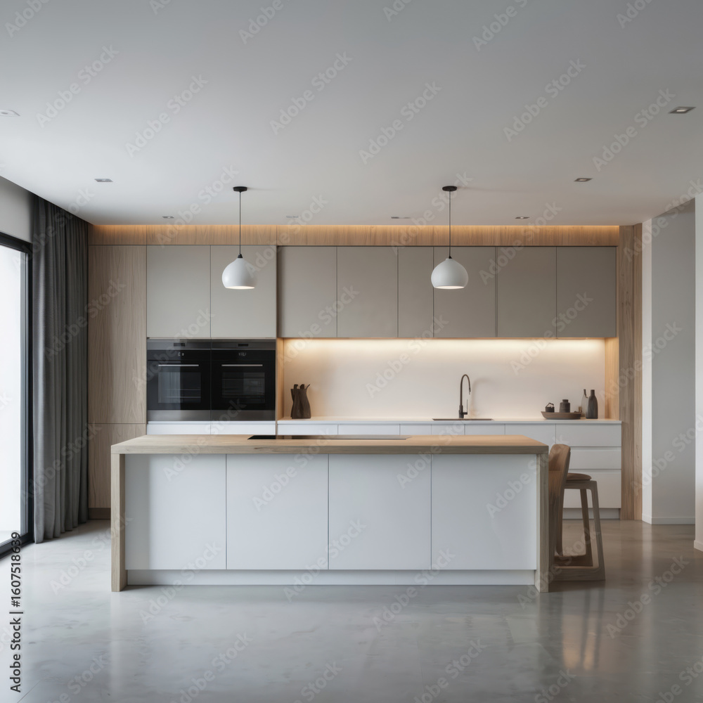 Fototapeta premium Modern kitchen with central island and wooden accents. Black countertop, sink, and dishwasher. White cabinets, floor, and ceiling fan. Light beige walls. Large window with white curtains.