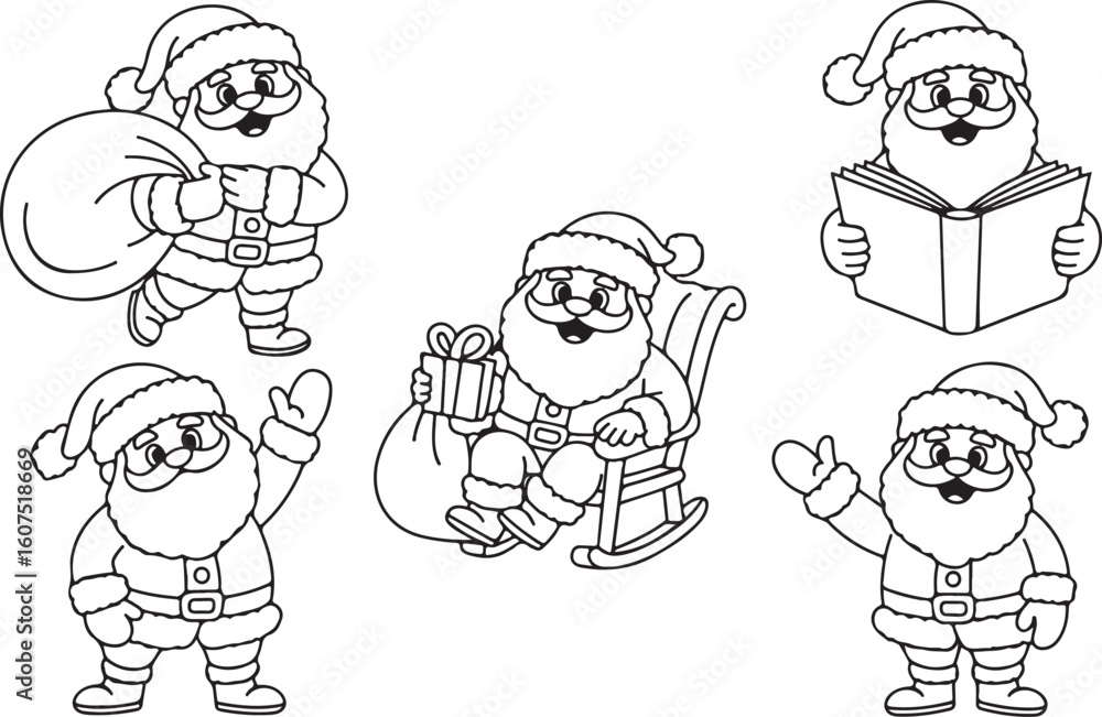 Obraz premium Outlined Santa Claus Characters in Various Poses with Gifts and Book