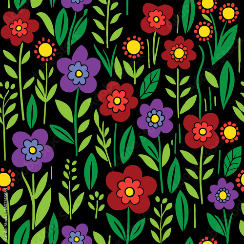 Seamless pattern with vibrant, stylized folk-art flowers in red, purple, and yellow on a dark background. A cheerful and bold botanical illustration with a playful, hand-drawn retro feel
