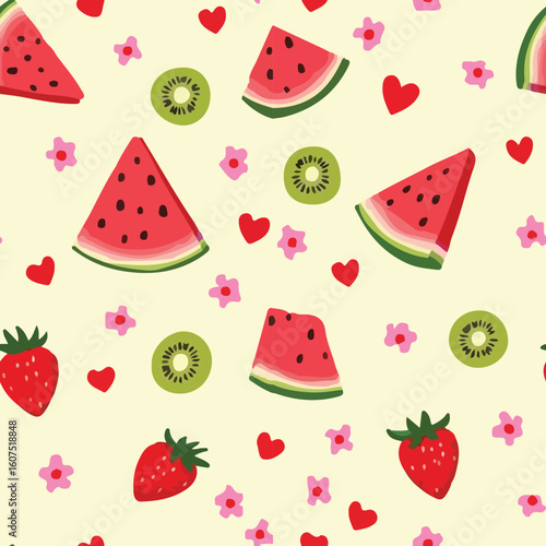 A delightful seamless pattern featuring sliced watermelon, kiwi, strawberries, hearts, and small flowers on a light background. Ideal for summery, playful, and food-related designs