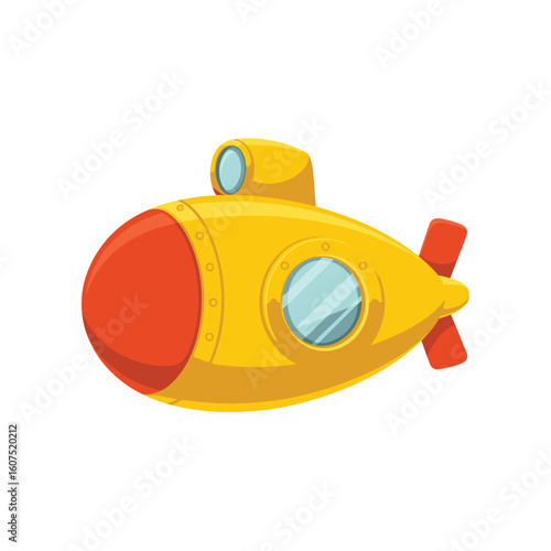 Bright yellow cartoon submarine with red nose and propellers