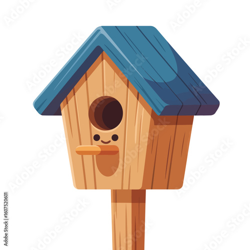 Charming wooden birdhouse with a cute face and blue roof