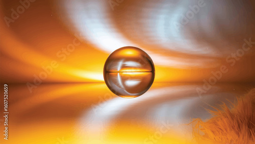 Transparent sphere reflecting warm light on a smooth surface with abstract background