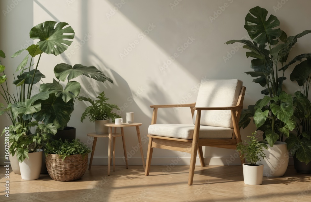 Fototapeta premium Modern Japandi home corner with two large potted plants on white background. Wooden chair with white cushion, gray rug. Harmonious balance of nature, minimal style. Calming space for coffee,