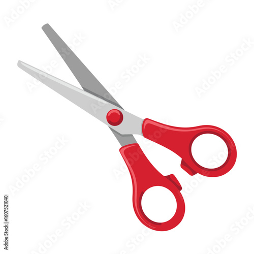 Bright red children s scissors with open blades on a white background
