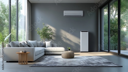 Modern living room with large windows and air conditioning unit