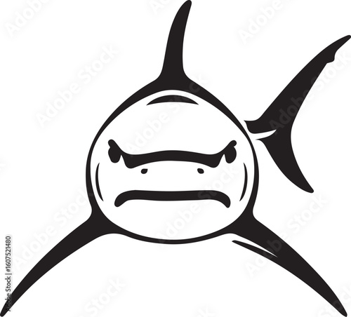 Shark facing forward with angry expression vector, Intense ocean predator black silhouette