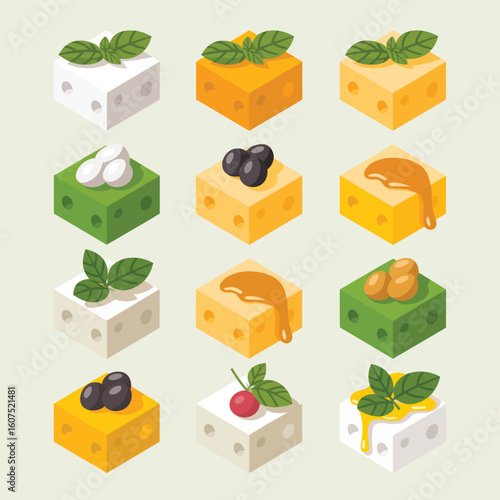 Assortment of deliciously decorated cheese cubes