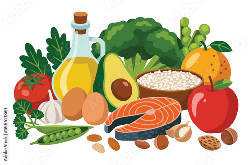 Healthy food assortment featuring salmon avocado eggs and vegetables
