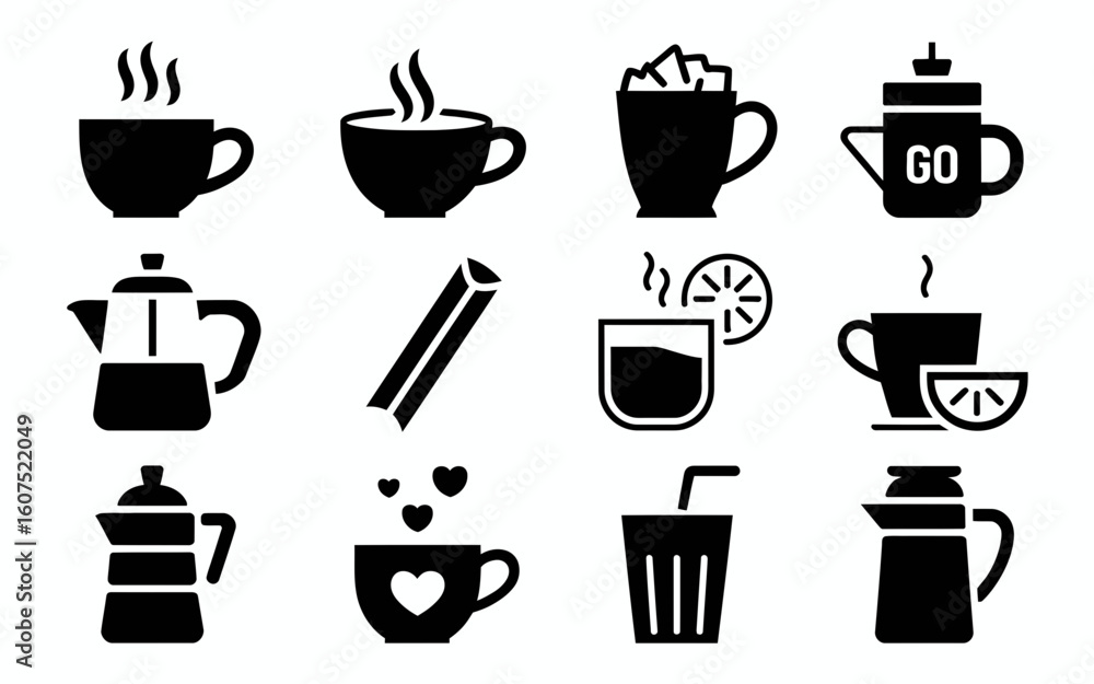 Collection of hot and cold beverage icons silhouette isolated on white background Collection of hot and cold beverage icons silhouette isolated on white background