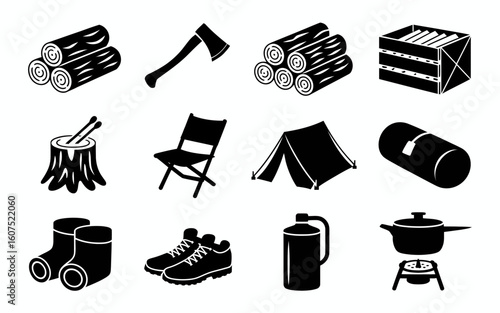 Collection of camping gear and supplies silhouette icons isolated on white background