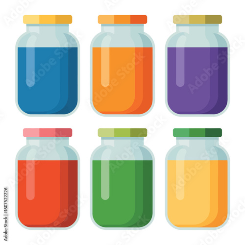 Six colorful glass jars filled with vibrant liquids