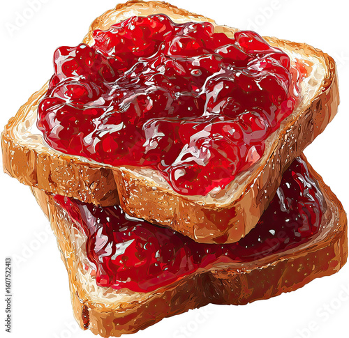 Two slices of toast topped with a generous amount of red jam.  The toast is golden brown, and the jam is a vibrant, glistening red