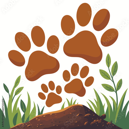 Brown paw prints emerging from the earth with green leaves