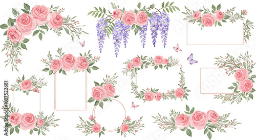 Fototapeta Naklejka Na Ścianę i Meble -  Elegant pink rose and wisteria floral arrangements and borders