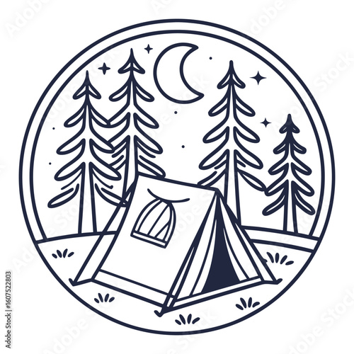 Night camping scene with tent trees moon and stars