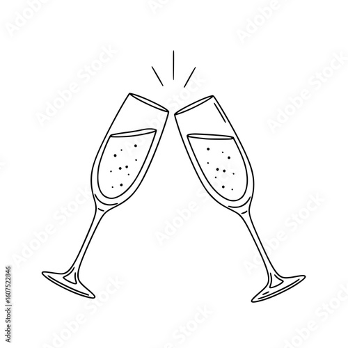 Two champagne glasses clinking in celebration line drawing, isolated vector image on transparent background  