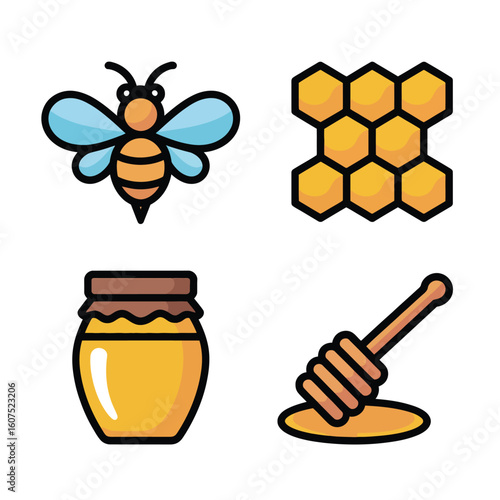 Cute cartoon bee honeycomb jar of honey and honey dipper icons