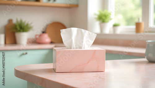 Tissue Box on a Pastel Surface: A close-up showcases a tissue box with tissues peeking out, resting on a pastel countertop in a clean, inviting domestic setting, enhanced by soft natural light.