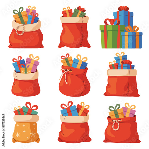 Collection of santa claus sacks filled with colorful christmas presents