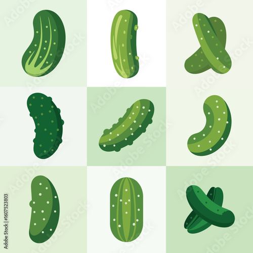 Collection of fresh green pickles in various shapes and sizes