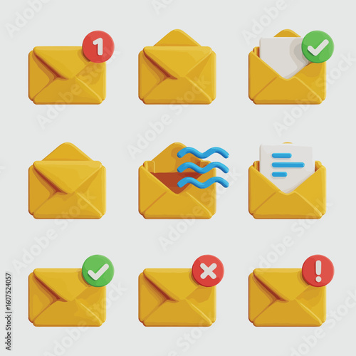 Collection of yellow envelopes with notification icons