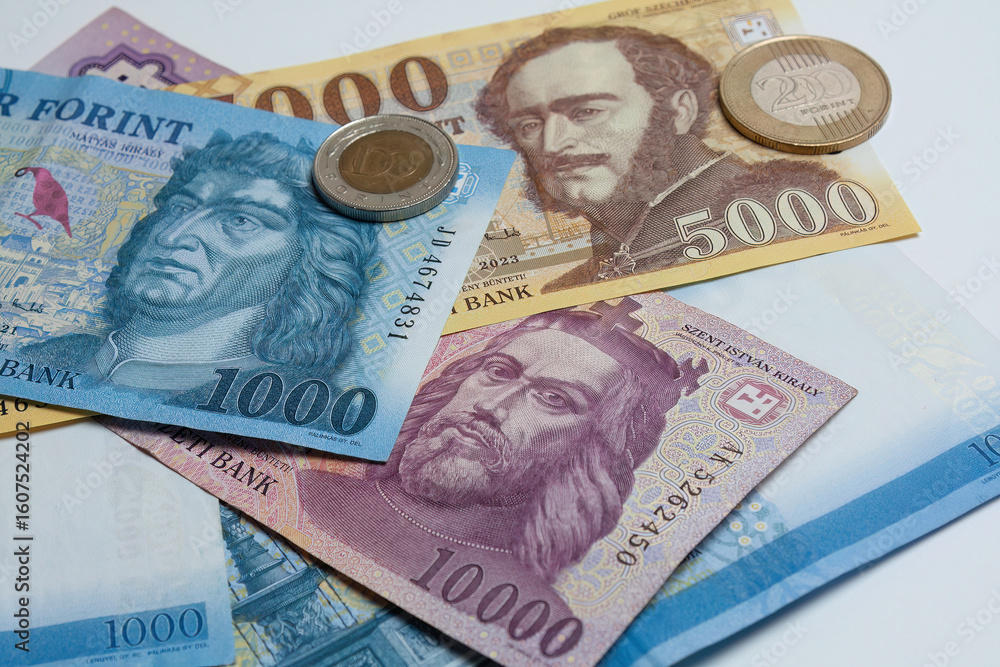 Fototapeta premium Hungarian forint banknotes and coins close-up 