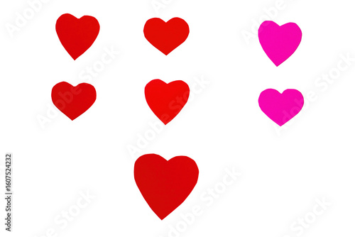 Red and pink paper hearts on transparent background
