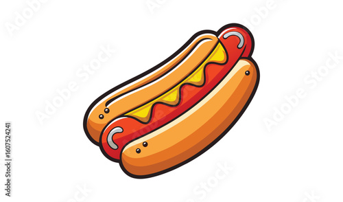 Juicy hot dog with mustard and ketchup in a bun