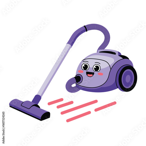 Cute cartoon purple vacuum cleaner with happy face and cleaning supplies