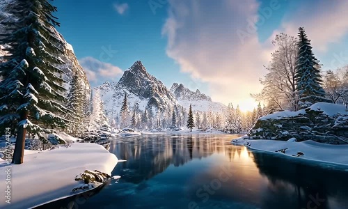 Winter landscape with snow capped mountains and trees reflecting in frozen river