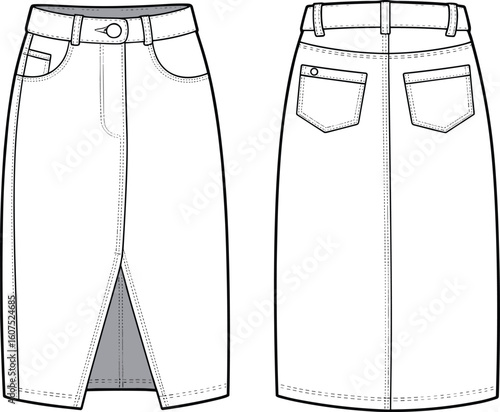 Stylish Women's Denim Midi Skirt Design, Front and Back View, Front Slit, Pockets, Modern Casual Apparel Template, Editable Vector Flat Sketch.