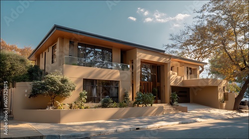 Modern home showcases architectural design. Exterior view of a luxurious home for real estate, marketing, advertising, or web design.