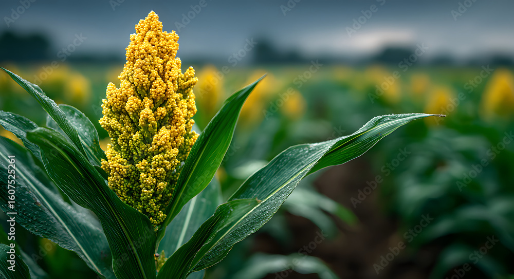 Obraz premium Close up of a vibrant green sorghum plant with golden grain head in a vast field