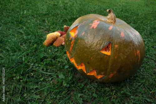 Halloween pumpkin head on green grass in the yard. Halloween pumpkin and small corn on the grass outdoors. Pumpkin on grass.